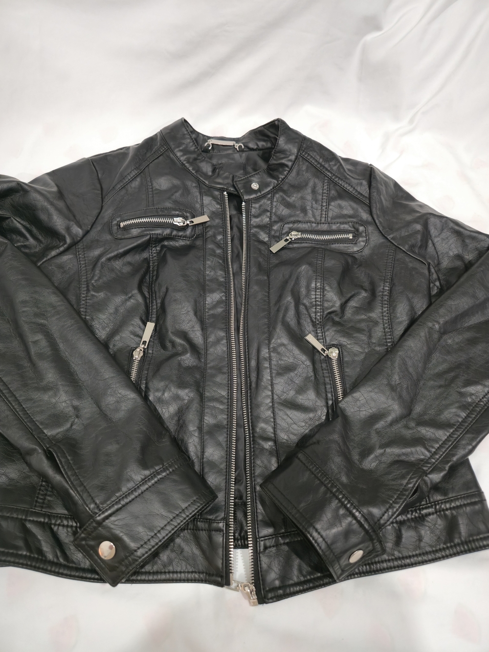 Black Faux Leather Bomber Jacket with Zip Detail